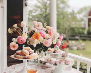 Elegant Midday Tea Party with Women of Various Ages and Ethnicities in a Garden, Featuring Fine China and Fresh Flowers