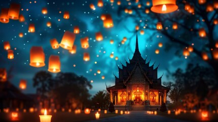 Obraz premium A serene evening scene featuring floating lanterns illuminating a traditional temple under a night sky.