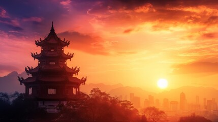 Fototapeta premium A stunning sunset silhouetting a traditional pagoda against a vibrant sky, capturing the beauty of nature and culture harmoniously.