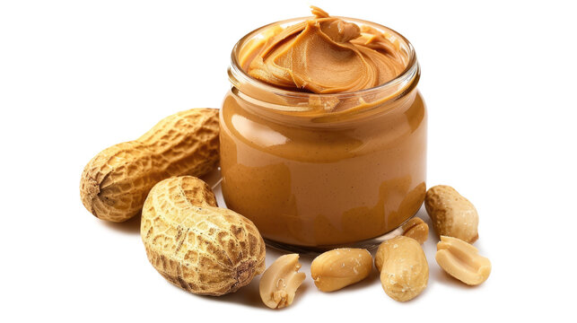 Tasty nut paste in jar and peanuts isolated on transparent