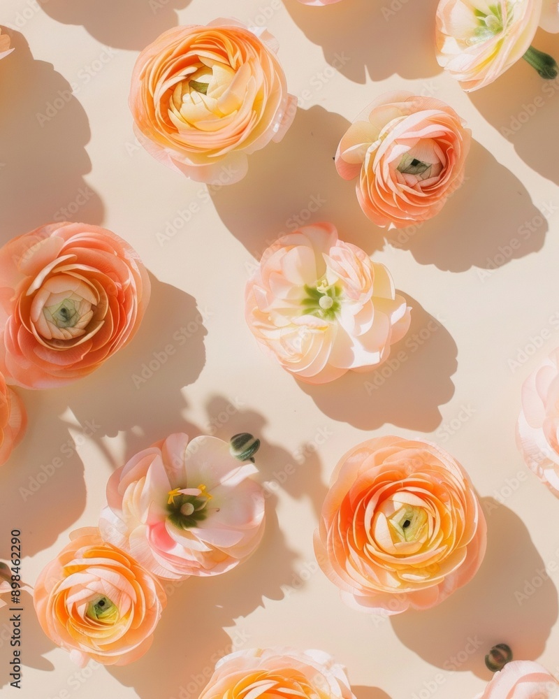 Poster peach ranunculi on beige background bright pastel spring pattern with soft shadows