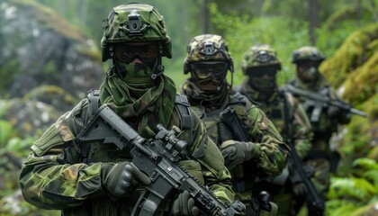 Fototapeta premium Elite Troops in Camouflage Gear Engage in Precision Shooting Exercises during Training Mission, Demonstrating Marksmanship Skills and Tactical Proficiency