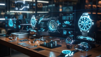 digital watchmaker's workshop with timepiece designs and mechanism simulations displayed on holographic screens