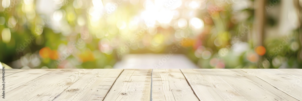 Poster serene light beige wooden table surface in sunlit garden with soft bokeh background – tranquil paste