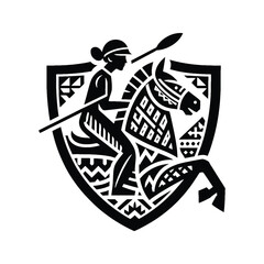 Equestrian, horse riding  female player in ethnic polynesia pattern illustration, emblem shield badge