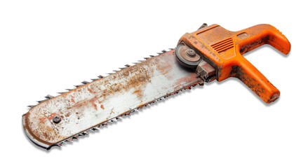 Old and rusty saw, tool used for manually sawing wood on transparent