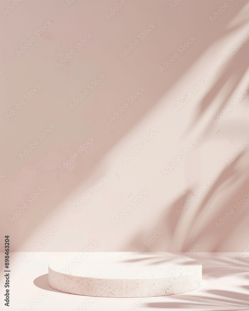 Poster monochromatic minimalist mockup with soft beige circular podium on light pink background in diffused
