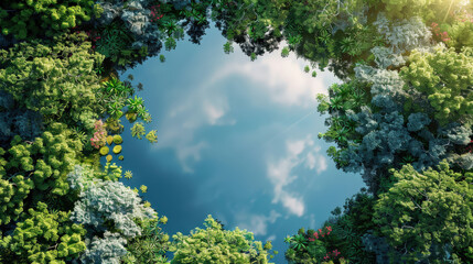 Obraz premium Aerial View of Forest Canopy with Sky Reflection in Pond 