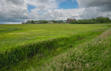 Abandoned house and farm buildings on the prairie near Lajord, Saskatchewan, Canada