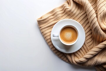 White cup of coffee on a saucer on white background with a cozy orange sweater. Copy space. Flat lay