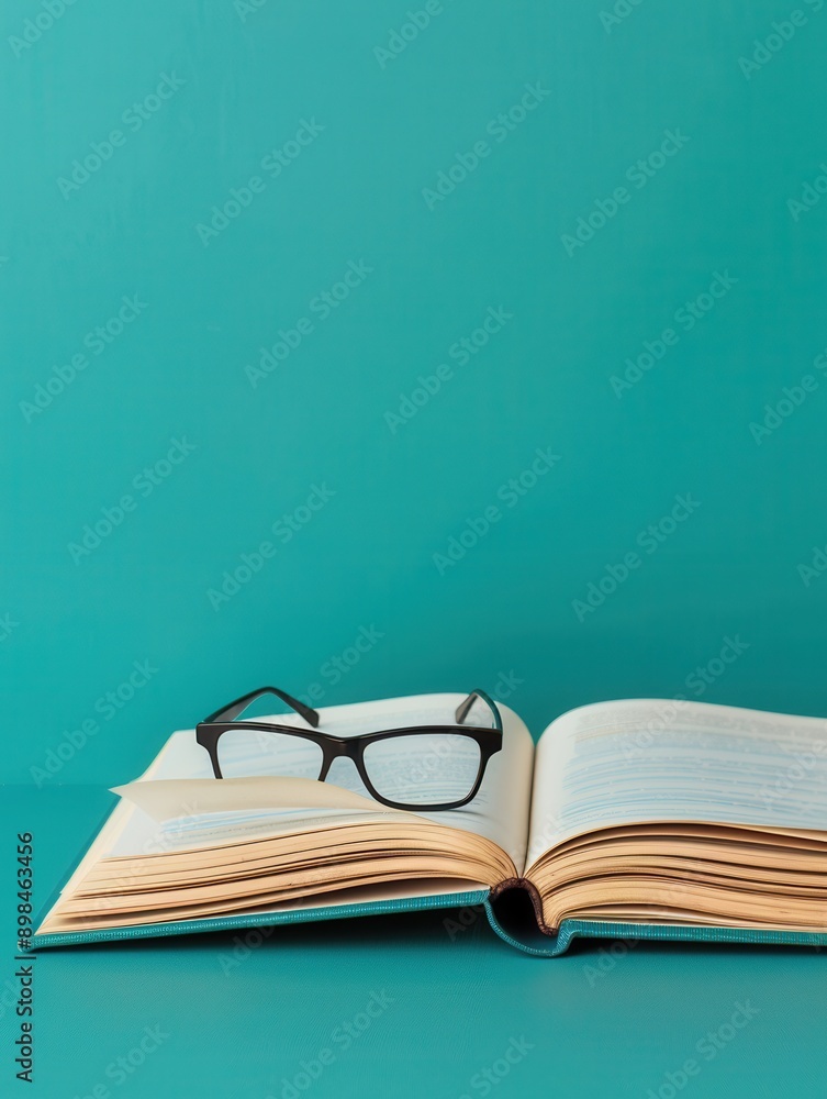 Aufkleber an open book with glasses resting on its pages sits on a teal background. generative ai