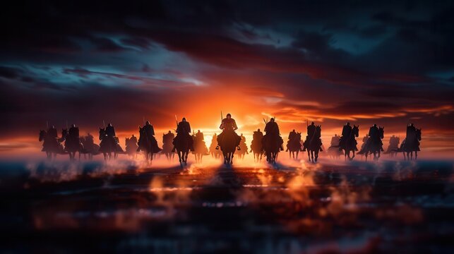 A cavalry charge through a misty battlefield, Gothic, Dark tones, Digital art