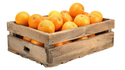 Fresh oranges in wooden crate isolated on transparent background