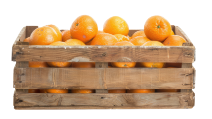 Fresh oranges in wooden crate isolated on transparent background