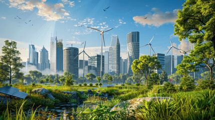 Obraz premium Green Urban Landscape with Wind Turbines 