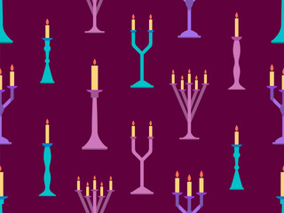 Fototapeta premium Candlesticks seamless pattern. Candlestick with candles. Candle holder with burning candles. Design for wallpapers, wrappers, covers and banners. Vector illustration