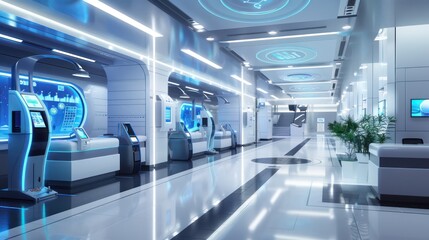 Obraz premium futuristic bank branch with automated teller interfaces and secure biometric access points