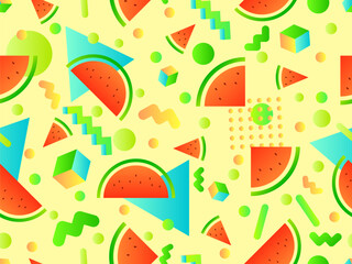 Watermelons and geometric shapes seamless pattern. Gradient geometric shapes and watermelon slices with seeds. Design for wallpapers, wrappers, covers and banners. Vector illustration