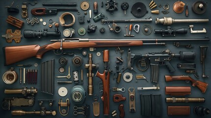 Fototapeta premium Neatly arranged firearms and components including rifles, scopes, magazines, ammunition, and various firearm parts and tools laid out on a flat surface.