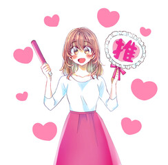 うちわとサイリウムを持って推し活をする女性　赤