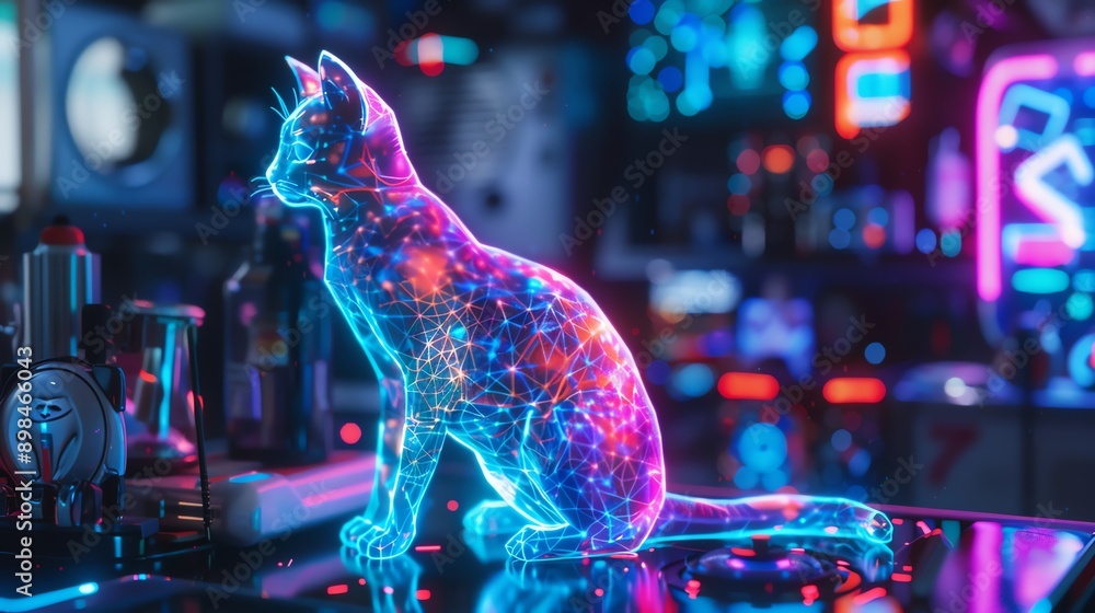 Poster 3d render of a neon cat with digital patterns, surrounded by tech gadgets, futuristic style