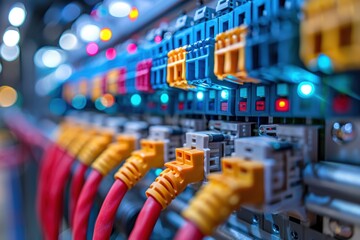 A close-up view of a network switch with multiple Ethernet cables connected, featuring various colored lights indicating data transfer activity within a server room environment