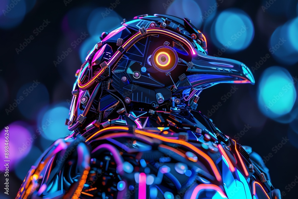 Poster neoninfused robotic penguin with digital patterns, tech gadgets, 3d render
