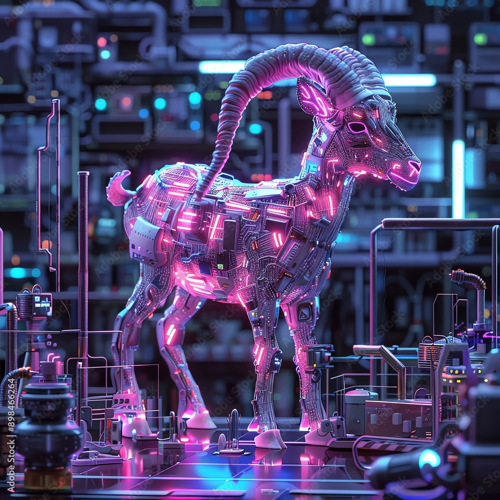 Poster 3d render of a neon goat with digital patterns, surrounded by tech gadgets, futuristic