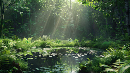 Obraz premium Serene Morning Forest Pond