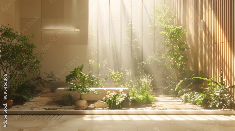 Poster a white bench sits in a sunlit indoor garden, surrounded by various plants and foliage. sunlight str