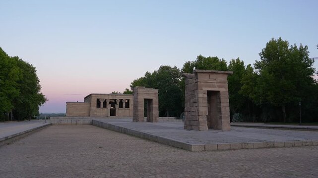 The Temple of Debod (Templo de Debod) in Madrid, Spain at Sunrise. Egyptian Monument in Europe. Tourist Destination Famous Landmark. No People.