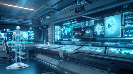 futuristic medical clinic with telemedicine interfaces and patient monitoring systems on digital displays