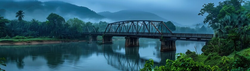 Obraz premium Majestic iron bridge spanning over a serene river, surrounded by lush green landscape, misty morning, realistic style, high detail, HDR photography