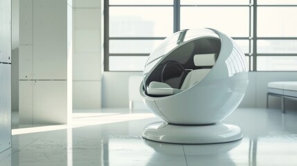 futuristic pod chair in a minimalist room, equipped with virtual meeting technology