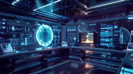 futuristic medical clinic with telemedicine interfaces and patient monitoring systems on digital displays
