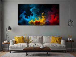 Modern living room interior with a sofa, stylish decor, and comfortable furniture