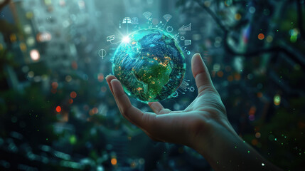 Hand Holding Digital Earth Hologram 