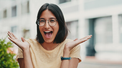 Surprise, girl and portrait with glasses outdoor for eyesight or clear vision, optometry wellness...