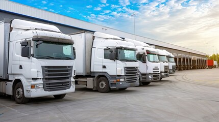 A row of white semi trucks are parked in a parking lot. The sun is setting in the background