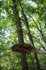 Fototapeta premium Tree ladder, cable car, rope park in the trees