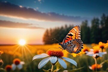 Obraz premium An orange butterfly sits on a flower against the background of a flower field.