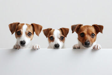A cute dogs peeking over a table with paws up