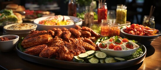 Obraz premium food buffet table dishes, Pizza, hamburgers, fried chicken