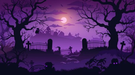 A halloween background showing a black and purple graveyard with scary trees, cemeteries, and fences
