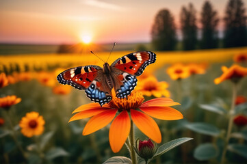 An orange butterfly flies over a field of orange flowers