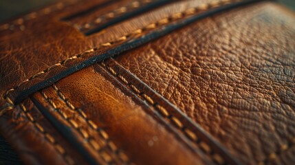 Captivating macro image showcasing intricate texture and detailed stitching of authentic leather in rich brown hue. Perfect for backgrounds or adding sophistication to any project