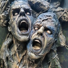 Naklejka premium Creepy, realistic sculpture featuring two horror-themed, distorted faces with open mouths, showcasing an eerie, haunting effect.