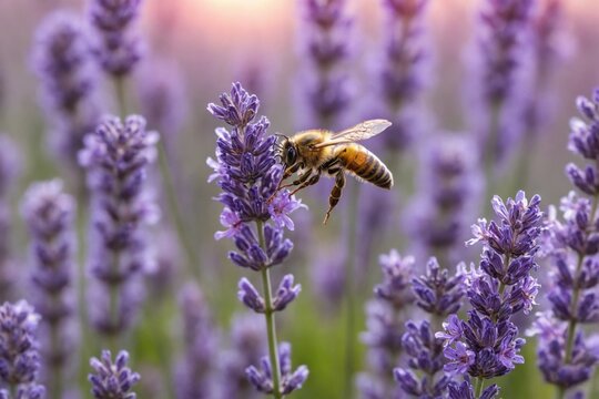 Close-up bee lavender flower center image its wings A bee pollin