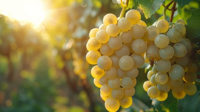 Bunches of ripe white grapes are hanging from a vine in a vineyard, illuminated by golden hour sunlight