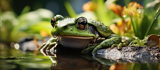 Obraz premium Frog on taro leaves with a lake with a darker appearance